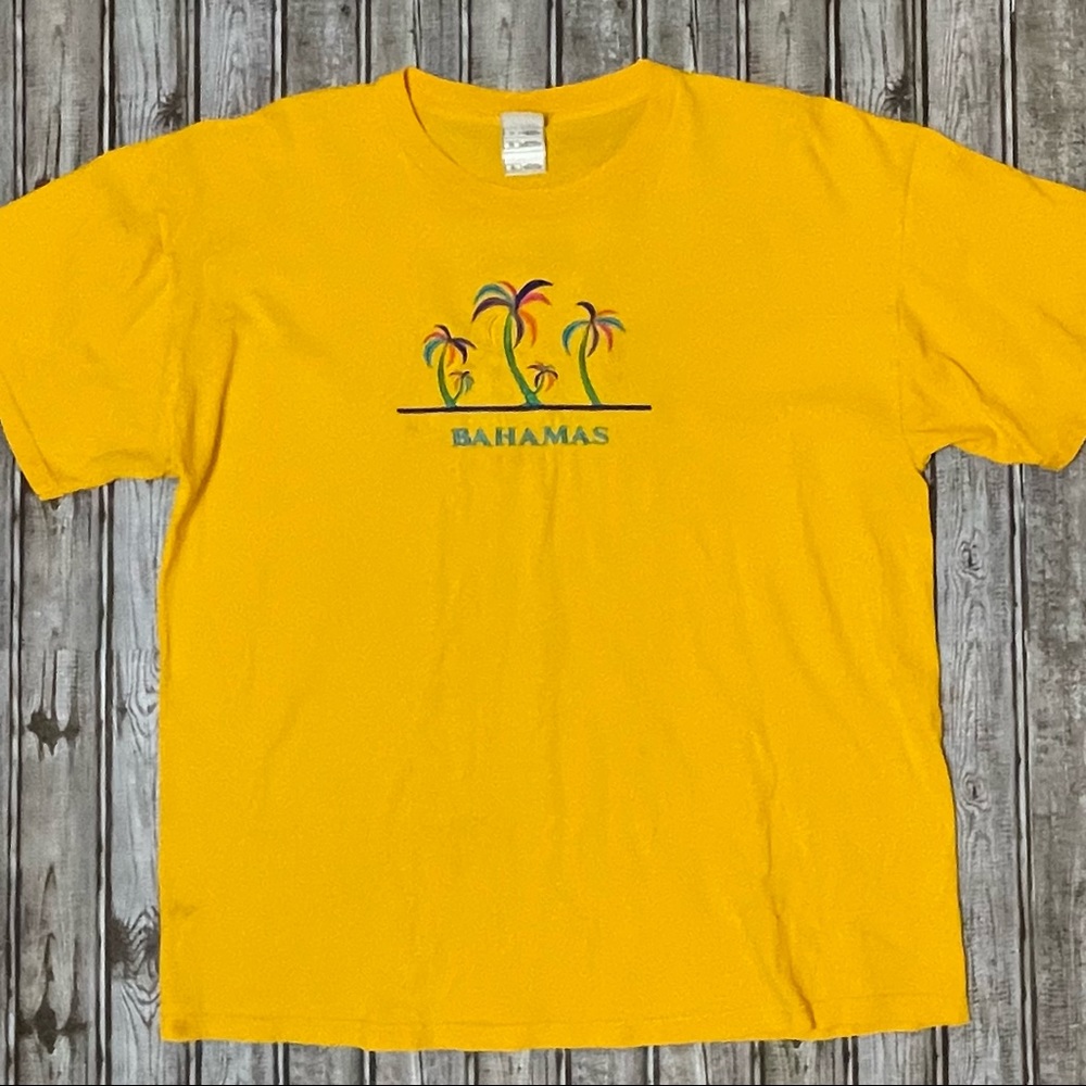 Vintage Bahamas Yellow Embroidered Palm Trees Souvenir Tourist T-Shirt, Sz XL